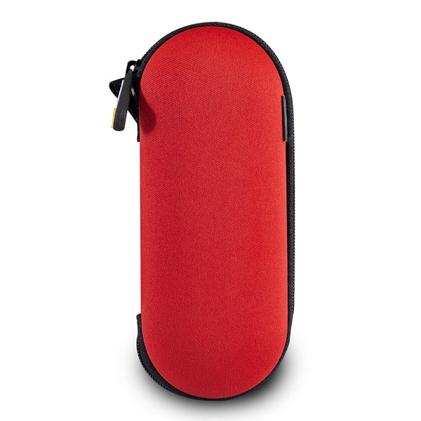The Vatra 6 Capsule Smell Proof Hard Shell Case by Vatra is a red, oval case with black trim and a zippered closure, shown standing upright on a white background.